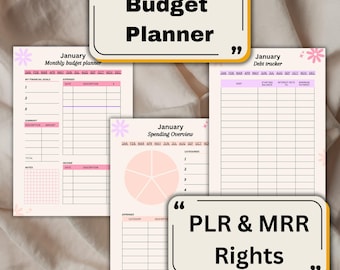May include: A printable budget planner with a pink and white floral design. The planner includes sections for monthly budget, spending overview, and debt tracker. The text "Budget Planner" is in a yellow box with quotation marks. The text "PLR & MRR Rights" is in a yellow box with quotation marks.