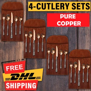 May include: Four sets of copper cutlery, each containing a fork, two spoons, and a knife, stored in individual brown leather rolls with stitched detailing. The text 4-CUTLERY SETS and PURE COPPER is visible in the upper section of the image.