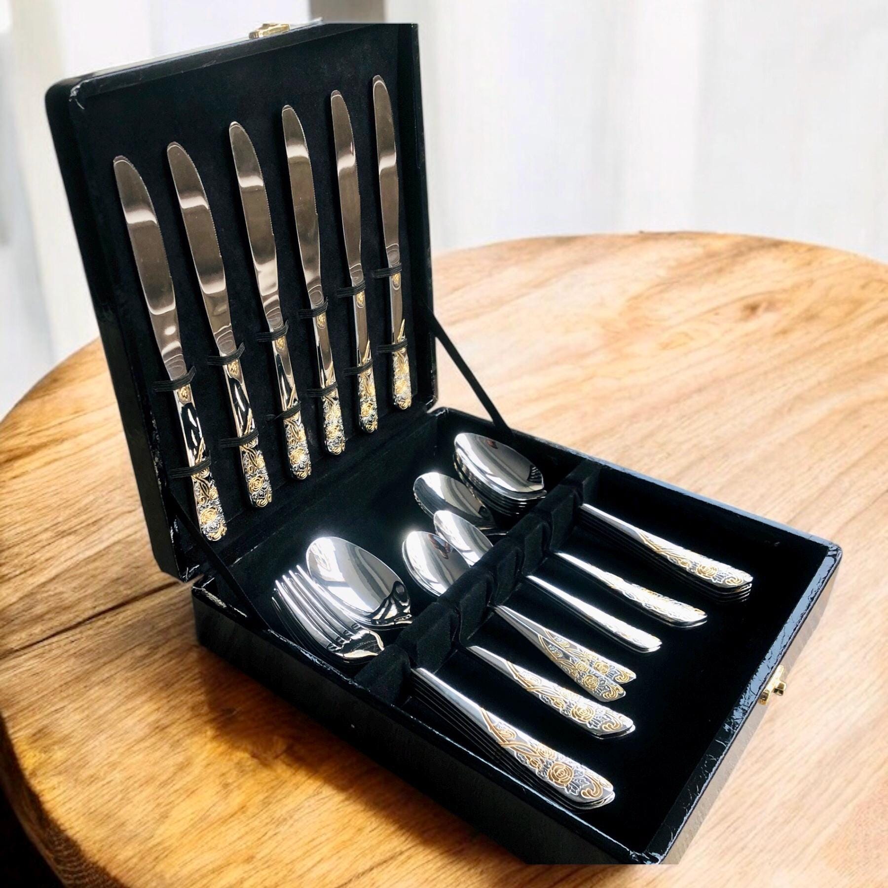 24Kゴールドメッキカトラリーセット：ハンドメイドステンレススチール