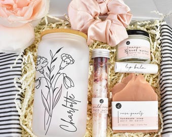 Birthday Flower Gift Box - Custom Glass Cup Box for Friend  - Personalized Gift Her - Birth Flower and Name -unique present