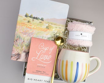 Self Care Gift Box, Stoneware Mug, Cozy Socks & Herbal Tea and journal