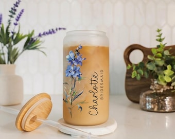 Bridesmaid Proposal Personalized Iced Coffee Cup, 16oz Glass Cup, Custom Birth Flower Tumbler with Lid and Straw, Wedding Party Gift,