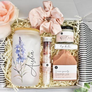 Birth Flower Gift For Her Personalized Glass Cup Gift For Women Birth Month Birthday Gift Care Package Spa Gift Set March Flower tumbler