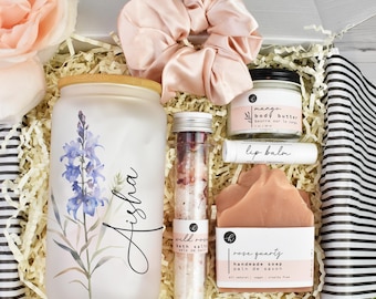Personalized Birth Flower Glass Tumbler Gift Set – Self Care Spa Package