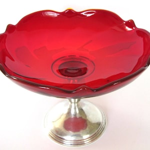 Sterling Silver Red Crystal Pedestal Dish Vintage