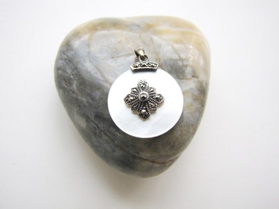 Sterling Mother of Pearl and Marcasite Pendant 19… - image 3
