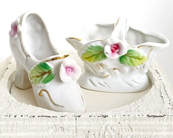 Vintage White Miniature Shoe/Slipper and Basket Porcelain