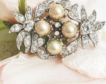 Vintage HOBE Brooch Signed Rhinestones and Pearls