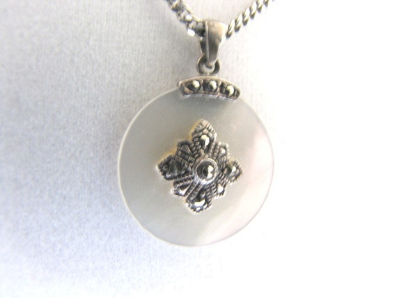 Sterling Mother of Pearl and Marcasite Pendant 19… - image 1