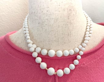 Vintage Milk Glass Double Strand Necklace – Mid-Century White Beaded Choker, Classic Layered Costume Jewelry