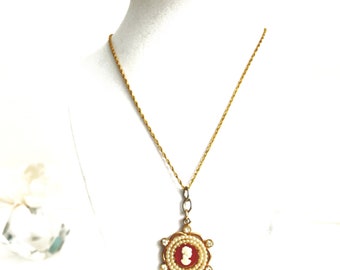 Vintage Cameo Pendant Celluloid Faux Seed Pearls