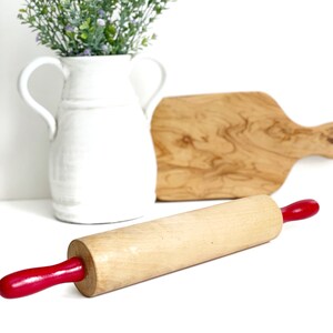 Vintage Rolling Pin Red Handles Denmark Wood Rolling Pin 1950s