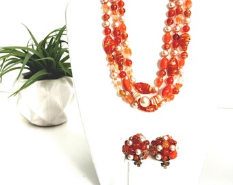 Vintage Glass Beaded Necklace and Earring Set Multi Strand Orange