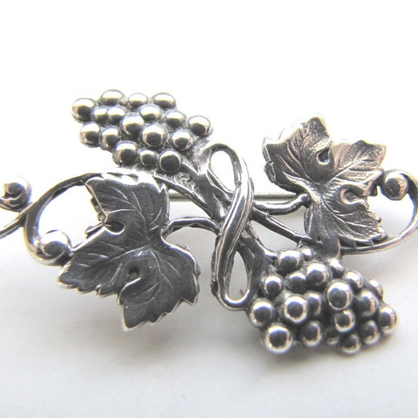 Antique Silver Brooch Pin Repousse Grape and Vine Cluster