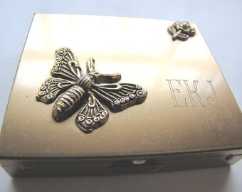 Vintage Gold Compact Pill Box Trinket Case Monogram with Butterfly and Rose