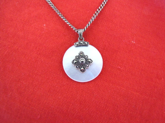 Sterling Mother of Pearl and Marcasite Pendant 19… - image 9