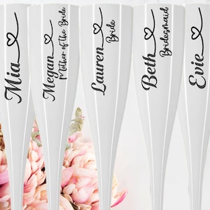 Personalised White Plastic Champagne Flutes | Bridal Party Flutes | Hen Party Glasses | Bride Glass | Bridesmaid Gift I Custom Wedding Vinyl