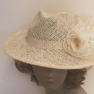Raffia Straw Trilby Hat: Handmade Fedora with Sinamay Flower