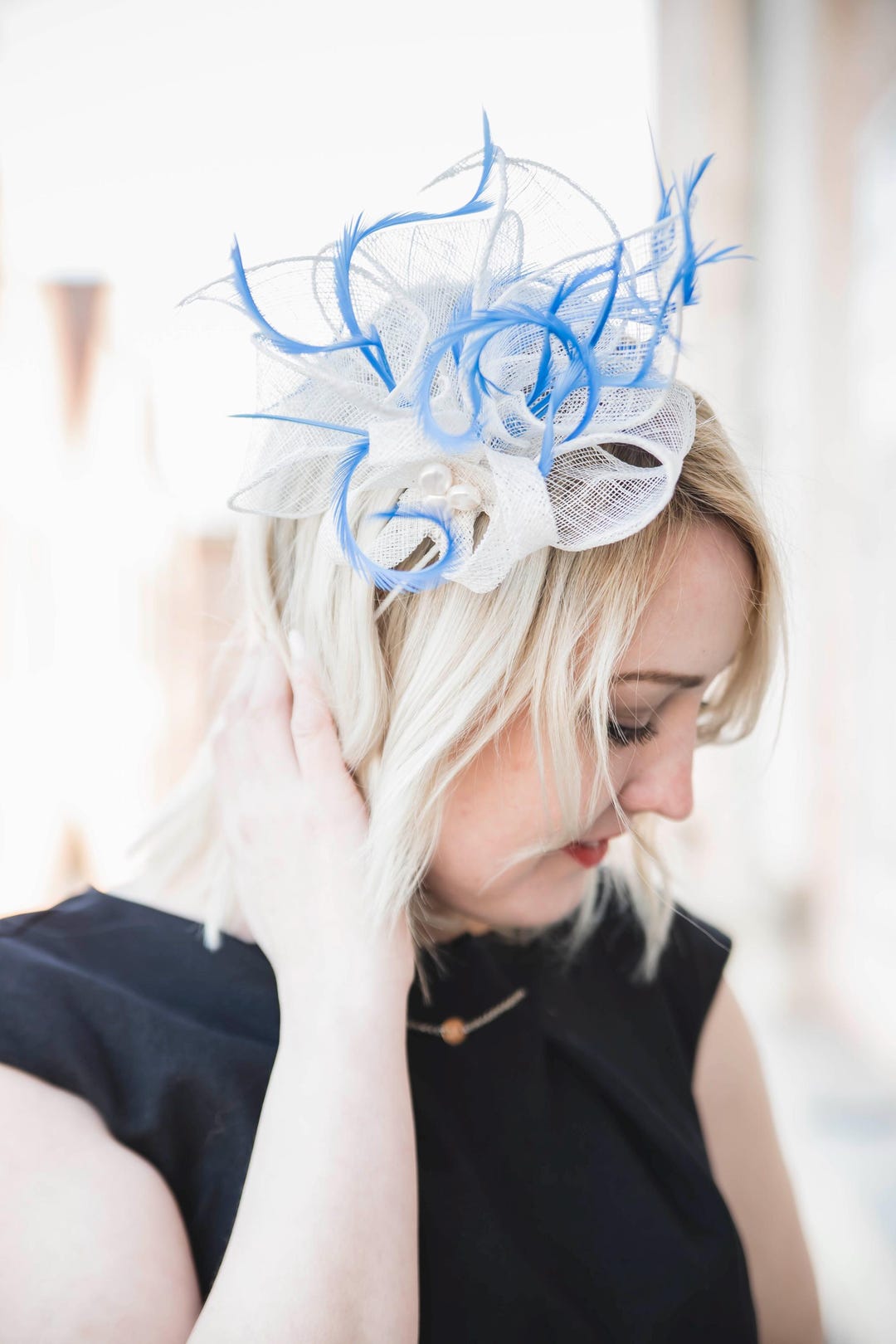 White Sinamay Fascinator With Blue Feathers, Bridal  display picture 2