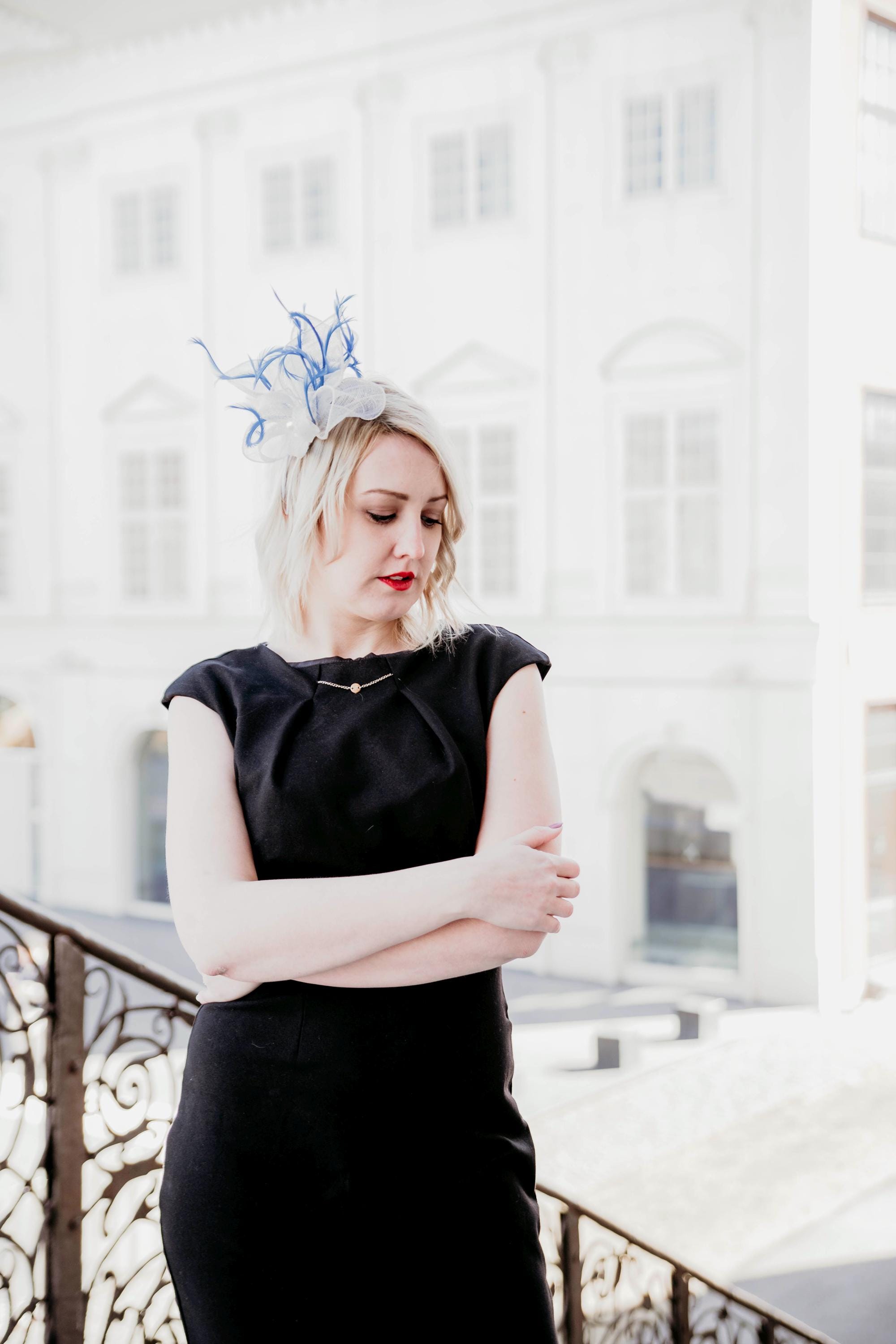 White Sinamay Fascinator With Blue Feathers, Bridal  display picture 1