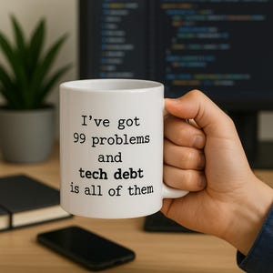 Könnte beinhalten: Eine weiße Kaffeetasse mit schwarzem Text, der lautet: "Ich habe 99 Probleme und technische Schulden sind alle".