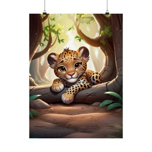 Póster de leopardo con escena de jungla caprichosa, lindo animal, arte infantil, temática de safari, decoración de habitación de bebé, vibraciones del bosque, adorable estampado de gato, arte de pared lúdico