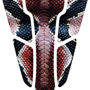 May include: A multi-piece motorcycle tank protector pad featuring a realistic snake skin pattern with overlapping scales in shades of deep red, black, and off-white. The design consists of a central spine section and four side panels.