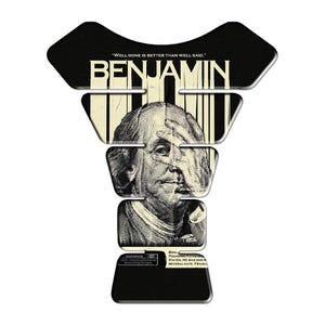 Custom Benjamin Franklin Motorcycle Tank Pad – Resin Coated Tank Protector – Premium Fuel Tank Sticker – Funny Money Graphic – Universal Fit