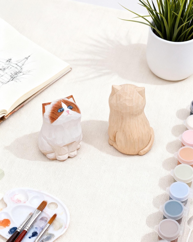 May include: Two wooden cat figurines, one painted with brown and white markings and blue eyes, the other unpainted. The figurines sit on a white surface with paint supplies, including brushes and a palette, suggesting a DIY craft project.
