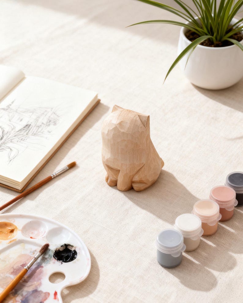 May include: A carved wooden cat figurine sits on a linen surface, next to a sketchbook, paint palette, and small paint pots. The cat is light brown, with visible carved details. A small houseplant in a white pot is in the background.