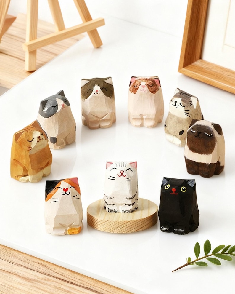 May include: A collection of hand-carved wooden cat figurines in various colors and patterns. The cats have smiling faces and are arranged on a white surface. Some cats are on a wooden platform.