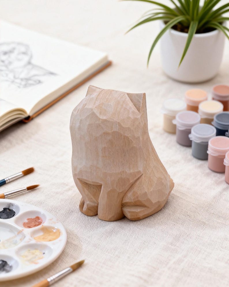 May include: A carved wooden cat figurine in a natural wood tone sits on a white surface. Paint pots in various pastel colors and paintbrushes are nearby, suggesting an art or craft theme. A sketchbook and a potted plant are also in the background.