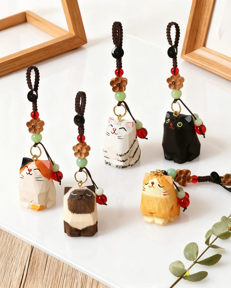 May include: A collection of carved wooden cat figurines in various colors, including white, black, brown, and orange. Each cat has a smiling face and is attached to a brown cord with decorative beads and flowers. The figurines are displayed on a white surface.