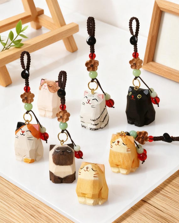 Hand-Carved Cat Keychain Ornament, Custom Figurine Cat Figurine Anime Figurine Mini Figurine, Desk Decor Gifts for Cat Lover