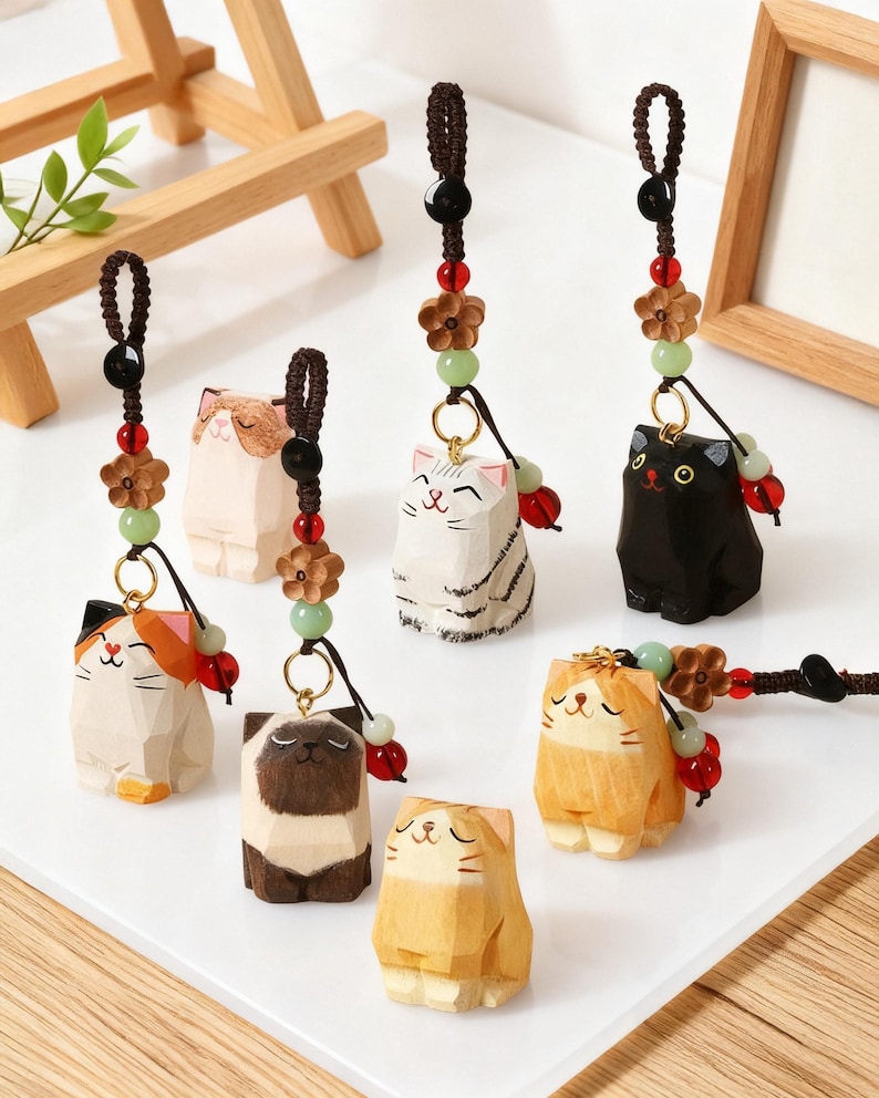 May include: A collection of wooden cat figurines in various colors, including black, white, brown, and orange. Each cat has a smiling face and is attached to a decorative cord with beads and wooden flowers. These cat figurines are ideal for cat lovers.