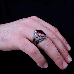 Handmade 925 Sterling Silver Men's Ring: Red Zircon Ottoman Enamel