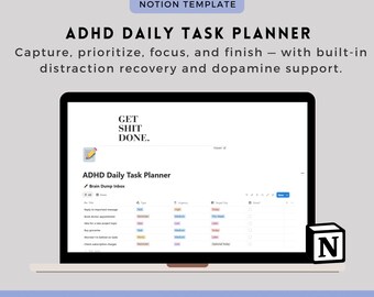 ADHD Daily Task Planner Notion Template, Focus & Reset System, Brain Dump, Top 3 Priorities, Anti-Overwhelm Productivity Tool