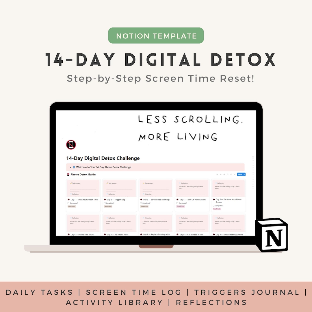 14 Day Digital Detox Notion Template | Phone Detox Challenge | Screen ...