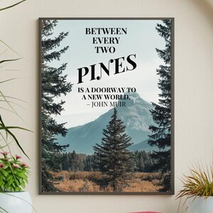 May include: A framed print with a quote by John Muir: "Between every two pines is a doorway to a new world." The print features a scenic landscape of a mountain range with pine trees in the foreground.