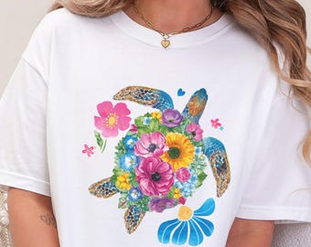 Camiseta de tortuga floral Comfort Colors® Camiseta de playa con tortuga marina Regalo para amantes de la naturaleza Camiseta oceánica Camiseta bohemia de verano Estética costera Camiseta tropical
