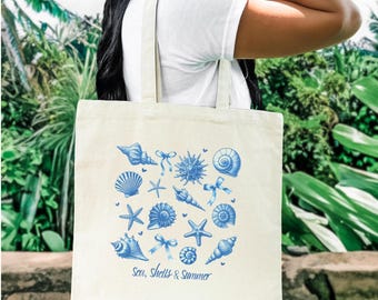 Sea Shell Cotton Canvas Tote Bag Beach Lover's Graphic Nautical Gift Sustainable Shell Collectors Bag Summer Ocean Tote Bag Eco-consious Bag