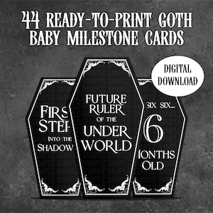 42 cartes jalons bébé gothique / jalons gothiques neutres en matière de cercueil / Téléchargement instantané PNG / Alternative imprimable semaines, mois, premiers