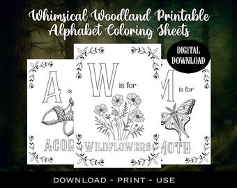 Whimsical Woodland Alphabet Printable Colouring Sheets/ Cute Cottagecore Activity Pages Bundle/Instant Download PDF/ Alternative Learning