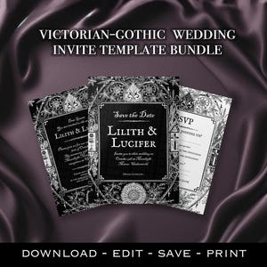 Vintage Victorian Gothic Wedding Invite Template Bundle/Edwardian Goth Save the Date & RSVP/Editable Invitation Alt Wedding Suite Download