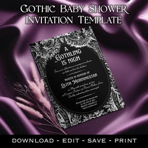 A victorian gothic style baby shower invitation template. The invite is black and white with an intricate, ornate border and gothic style text. Displayed against a purple silky background. Perfect for Gothic baby showers, Halloween-themed baby showers, Alternative parents and spooky moms-to-be and fans of vintage horror and witchy vibes.