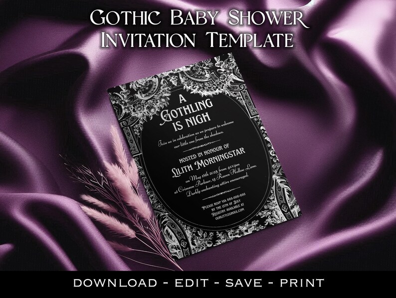 A victorian gothic style baby shower invitation template. The invite is black and white with an intricate, ornate border and gothic style text. Displayed against a purple silky background. Perfect for Gothic baby showers, Halloween-themed baby showers, Alternative parents and spooky moms-to-be and fans of vintage horror and witchy vibes.