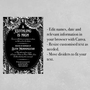 A victorian gothic style baby shower invitation template. The invite is black and white with an intricate, ornate border and gothic style text. Perfect for Gothic baby showers, Halloween-themed baby showers, Alternative parents and spooky moms-to-be and fans of vintage horror and witchy vibes.