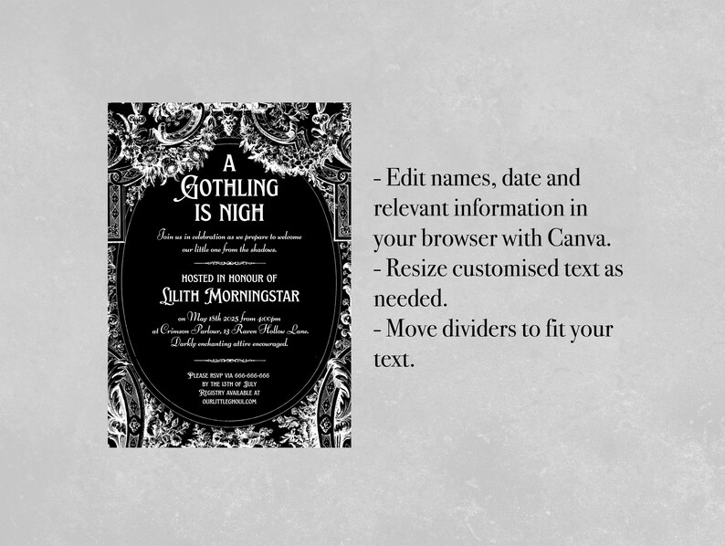 A victorian gothic style baby shower invitation template. The invite is black and white with an intricate, ornate border and gothic style text. Perfect for Gothic baby showers, Halloween-themed baby showers, Alternative parents and spooky moms-to-be and fans of vintage horror and witchy vibes.