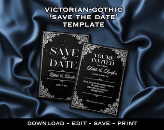 Plantilla gótica victoriana para guardar la fecha/Invitación de boda editable/Tarjeta de invitación alternativa espeluznante/Descarga de boda gótica/Ceremonia de Halloween