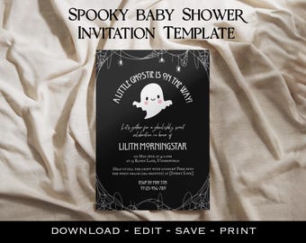 Spooky Cute Baby Shower Invitation Template/ Goth Parents New Baby Announcement/Edit and Print Ghost Invitation/Gothic Halloween Kids Party
